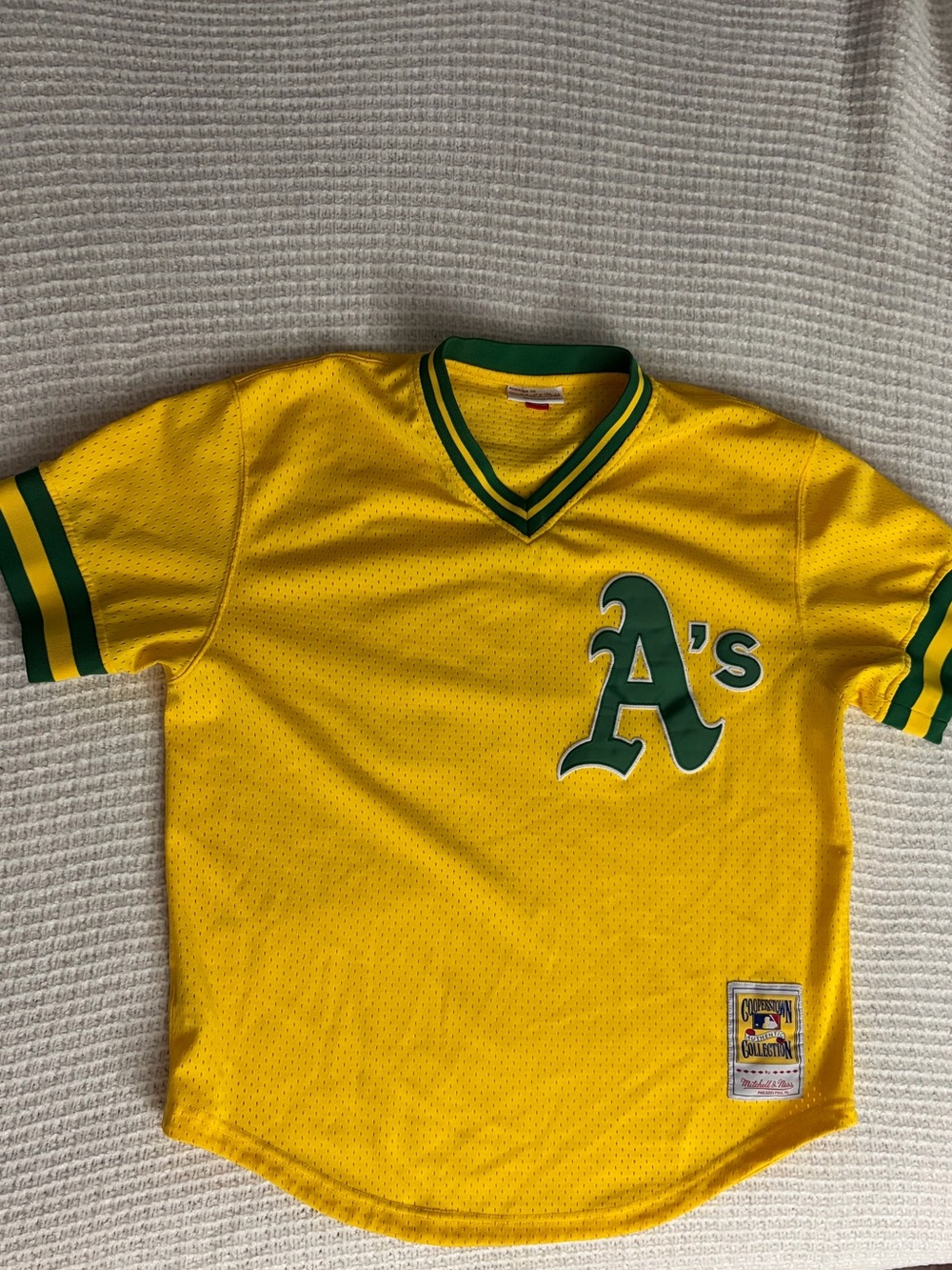 Mitchell & Ness Yellow and Green Oakland A's Men's Jersey